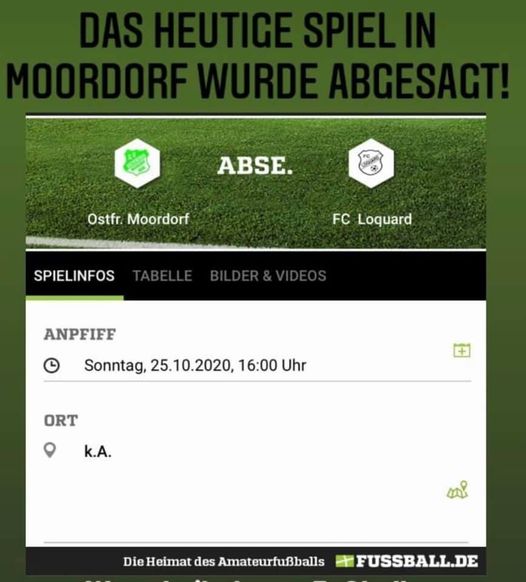 Das für den heutigen Sonntag geplante Ostfrieslandliga-Spiel unserer Loquarder bei Ostfrisia Moordorf fällt aus. Das für den heutigen Sonntag geplante Ostfrieslandliga-Spiel unserer Loquarder bei Ostfrisia Moordorf fällt aus.