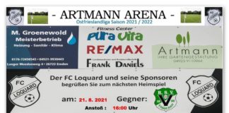 Das Krummhörn-Derby in der Ostfrieslandliga wirft seine Schatten voraus: Am kommenden Samstag gastiert der RSV Visquard anlässlich des zweiten Spieltages der Ostfrieslandliga-Spielzeit 2021/2022 um 16:00 Uhr bei unserem FCL in der Artmann Arena. FCL-Grafik: Reiner Poets