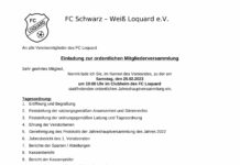 Am Samstag, den 25.02.2023 findet um 19:00 Uhr die diesjährige Jahreshauptversammlung bei unserem FC Loquard statt.