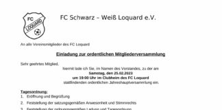 Am Samstag, den 25.02.2023 findet um 19:00 Uhr die diesjährige Jahreshauptversammlung bei unserem FC Loquard statt.