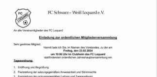 Am Freitag, den 23.02.2024 findet um 19:00 Uhr die diesjährige Jahreshauptversammlung bei unserem FC Loquard statt.