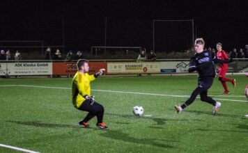 Da isser: Finn-Ole Tammeus erzielt seinen ersten Treffer im FCL-Trikot. FCL-Bild: Reiner Poets